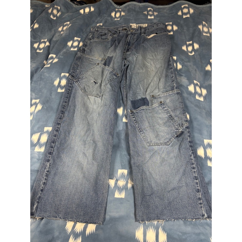 Enyce Mens 34 Patchwork Wide Leg Baggy Jeans Light Wash Y2K Streetwear Raw Hem
